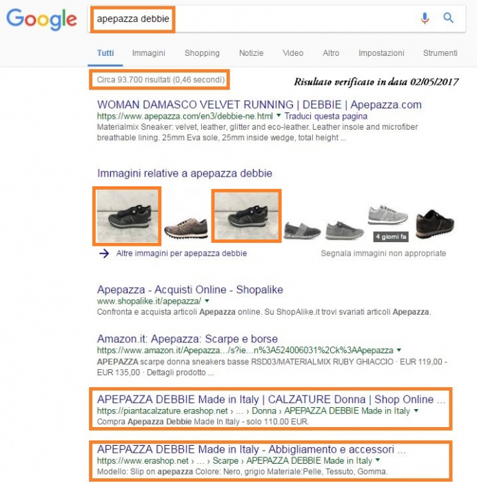 Pianta Calzature in prima pagina di Google con Erashop