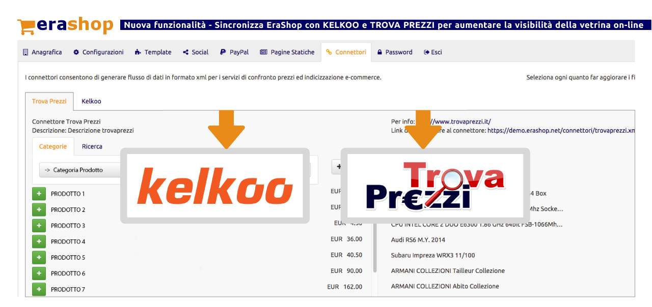 Nuova funzionalità EraShop - Connettori esterni Kelkoo e Trova Prezzi