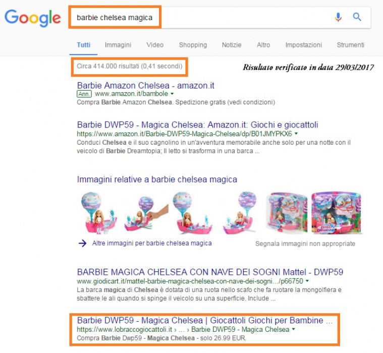 Lo Bracco Giocattoli in prima pagina di Google con Erashop